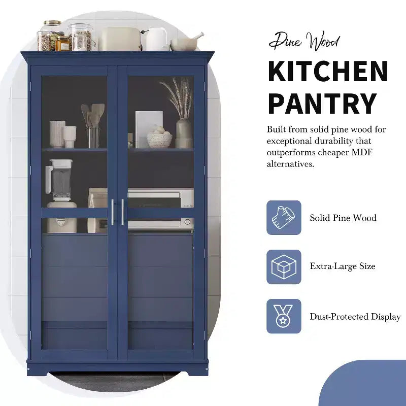 Meuble de cuisine autoportant de 113,5 x 50,8 x 190,5 cm avec portes vitrées et 4 tiroirs, pour cuisine, salle à manger, salon