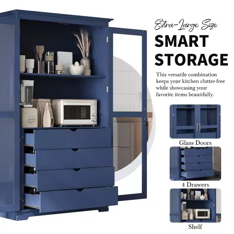 Meuble de cuisine autoportant de 113,5 x 50,8 x 190,5 cm avec portes vitrées et 4 tiroirs, pour cuisine, salle à manger, salon