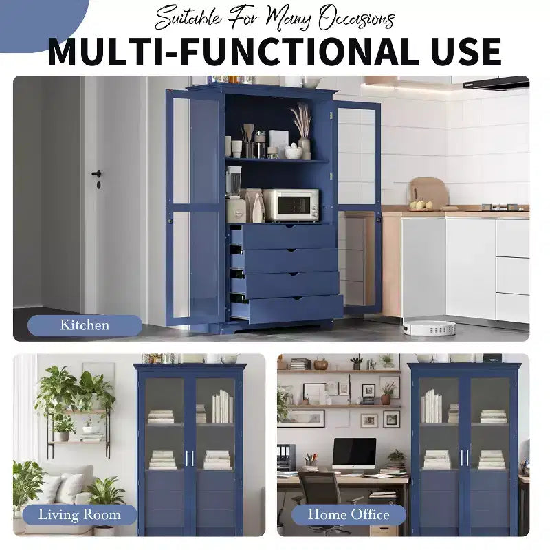 Meuble de cuisine autoportant de 113,5 x 50,8 x 190,5 cm avec portes vitrées et 4 tiroirs, pour cuisine, salle à manger, salon