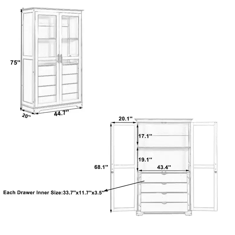 Meuble de cuisine autoportant de 113,5 x 50,8 x 190,5 cm avec portes vitrées et 4 tiroirs, pour cuisine, salle à manger, salon