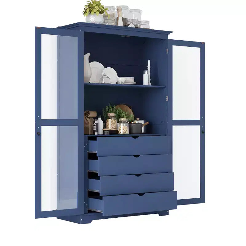 Meuble de cuisine autoportant de 113,5 x 50,8 x 190,5 cm avec portes vitrées et 4 tiroirs, pour cuisine, salle à manger, salon