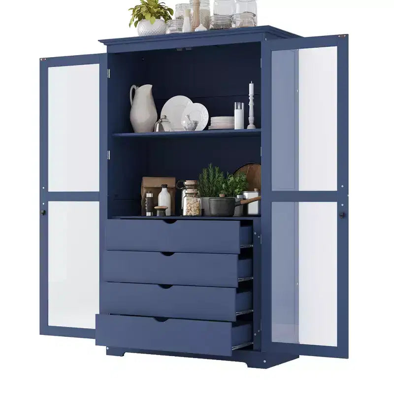 Meuble de cuisine autoportant de 113,5 x 50,8 x 190,5 cm avec portes vitrées et 4 tiroirs, pour cuisine, salle à manger, salon