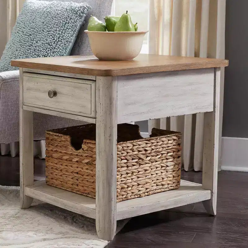 Table d'appoint de style rustique avec panier, blanc antique et plateau couleur châtaigne