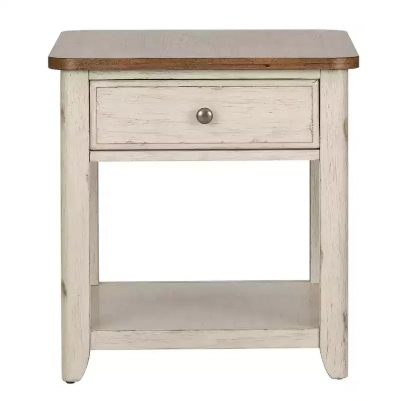 Table d'appoint de style rustique avec panier, blanc antique et plateau couleur châtaigne