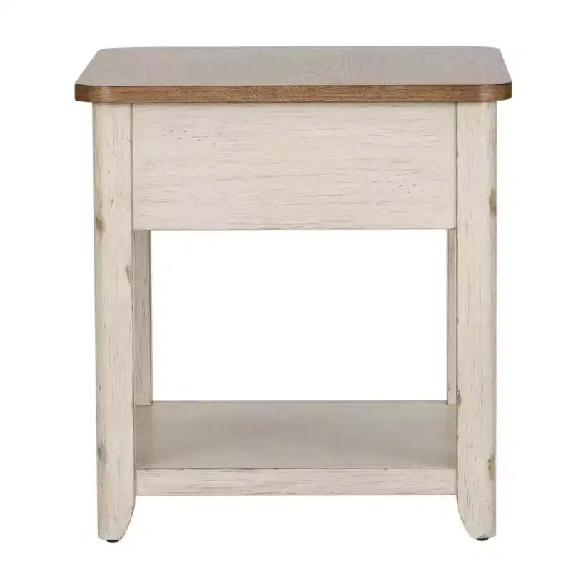 Table d'appoint de style rustique avec panier, blanc antique et plateau couleur châtaigne