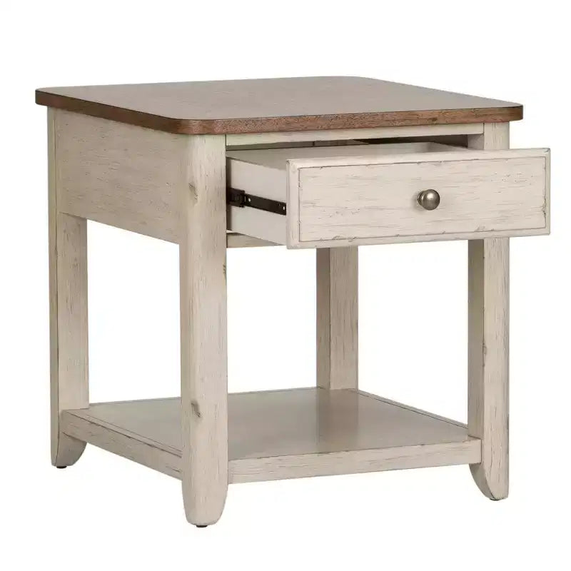 Table d'appoint de style rustique avec panier, blanc antique et plateau couleur châtaigne