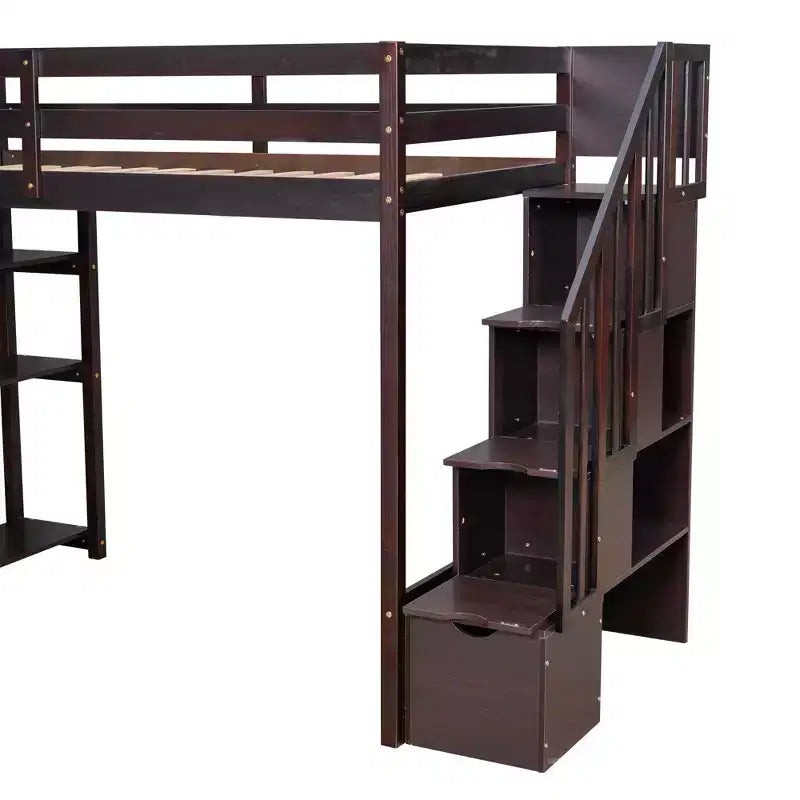 Lit mezzanine simple en bois avec tiroirs de rangement et escalier, étagères