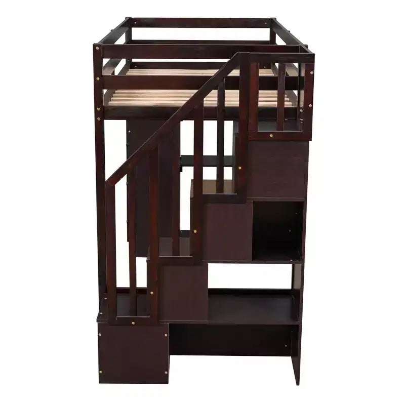 Lit mezzanine simple en bois avec tiroirs de rangement et escalier, étagères