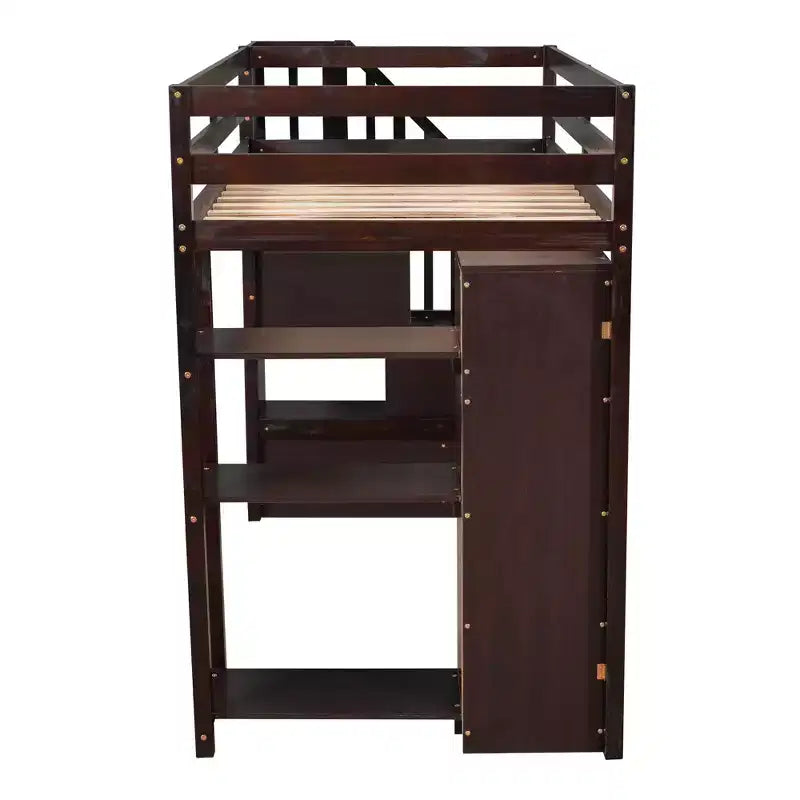 Lit mezzanine simple en bois avec tiroirs de rangement et escalier, étagères