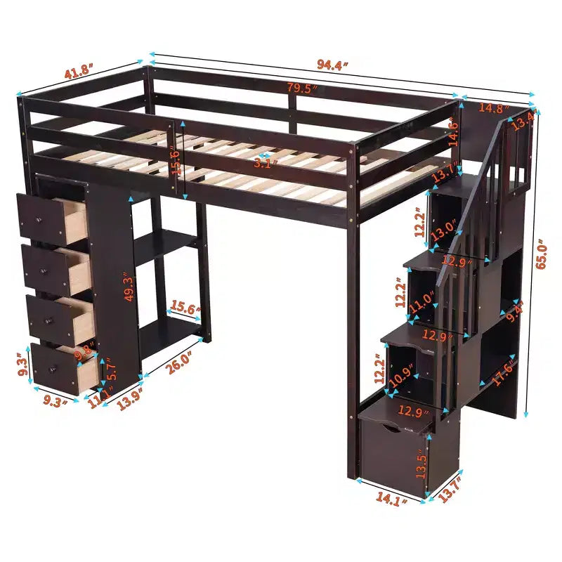 Lit mezzanine simple en bois avec tiroirs de rangement et escalier, étagères