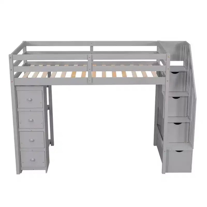 Lit mezzanine simple en bois avec tiroirs de rangement et escalier, étagères