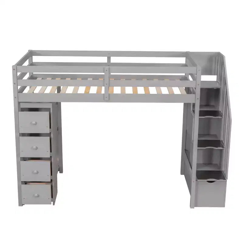 Lit mezzanine simple en bois avec tiroirs de rangement et escalier, étagères