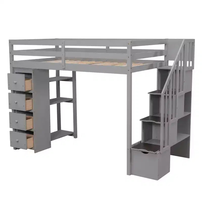 Lit mezzanine simple en bois avec tiroirs de rangement et escalier, étagères
