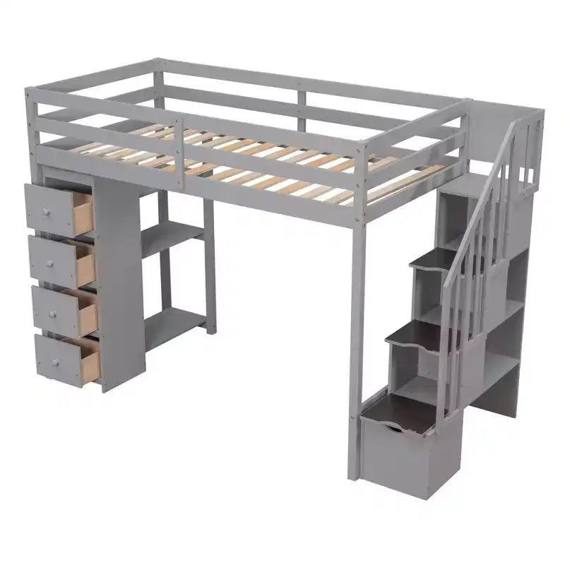 Lit mezzanine simple en bois avec tiroirs de rangement et escalier, étagères