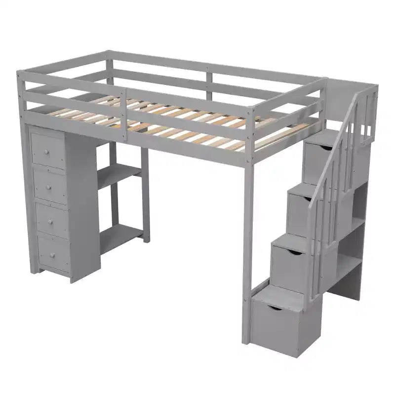 Lit mezzanine simple en bois avec tiroirs de rangement et escalier, étagères