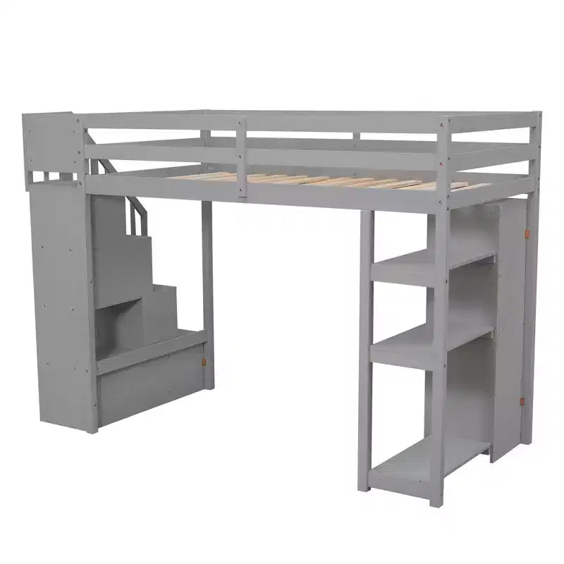 Lit mezzanine simple en bois avec tiroirs de rangement et escalier, étagères