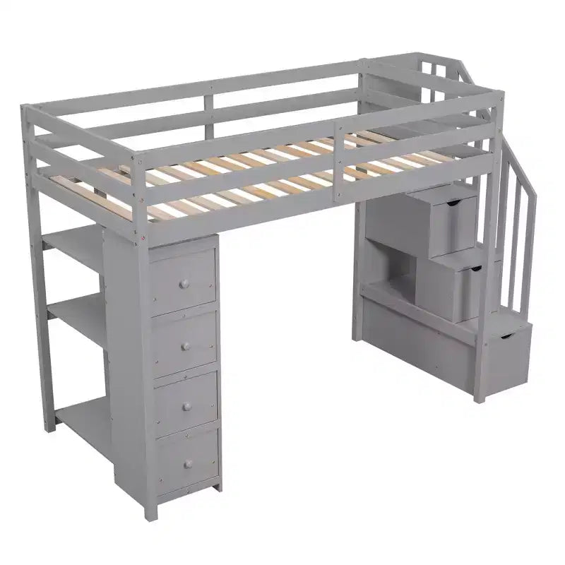 Lit mezzanine simple en bois avec tiroirs de rangement et escalier, étagères