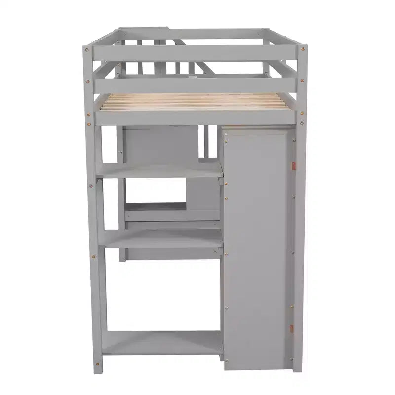 Lit mezzanine simple en bois avec tiroirs de rangement et escalier, étagères