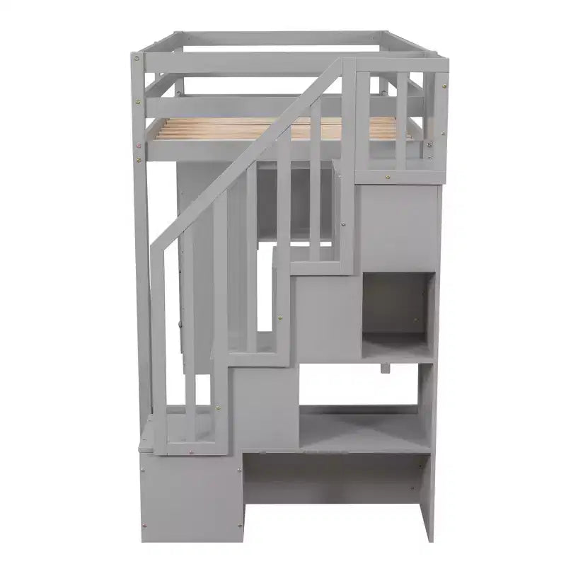 Lit mezzanine simple en bois avec tiroirs de rangement et escalier, étagères