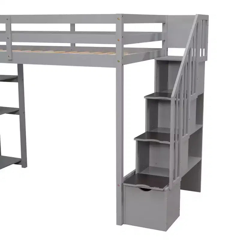 Lit mezzanine simple en bois avec tiroirs de rangement et escalier, étagères