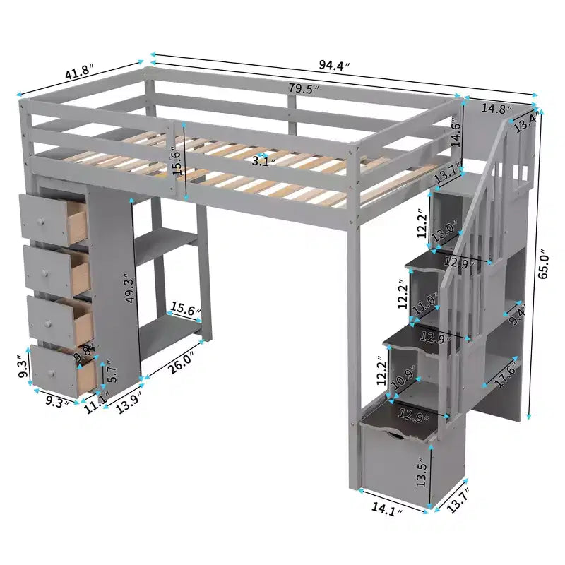 Lit mezzanine simple en bois avec tiroirs de rangement et escalier, étagères