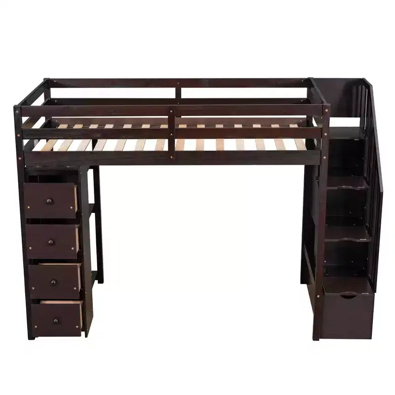 Lit mezzanine simple en bois avec tiroirs de rangement et escalier, étagères