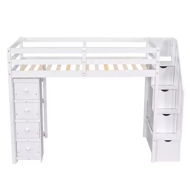 Lit mezzanine simple en bois avec tiroirs de rangement et escalier, étagères