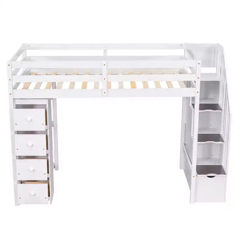 Lit mezzanine simple en bois avec tiroirs de rangement et escalier, étagères