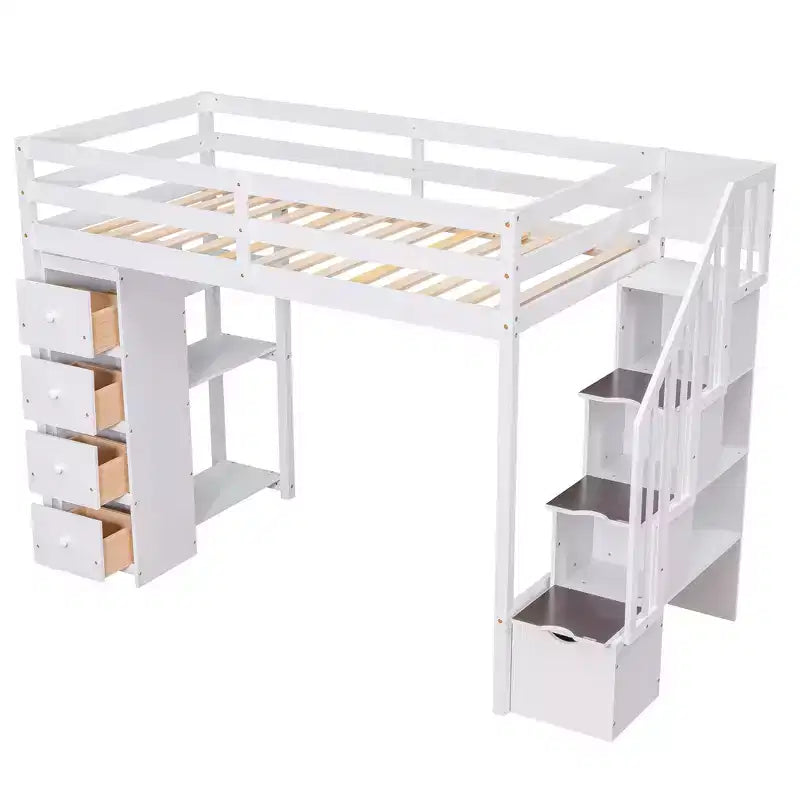 Lit mezzanine simple en bois avec tiroirs de rangement et escalier, étagères