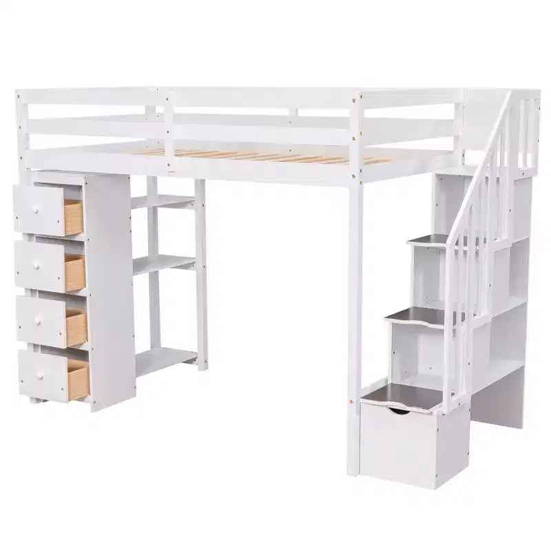 Lit mezzanine simple en bois avec tiroirs de rangement et escalier, étagères
