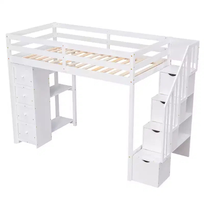 Lit mezzanine simple en bois avec tiroirs de rangement et escalier, étagères