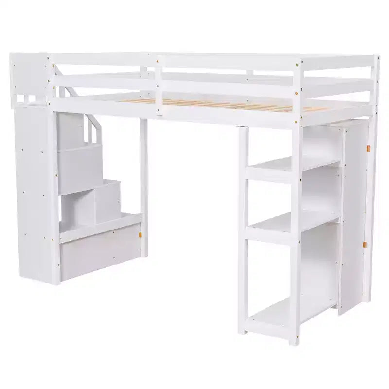 Lit mezzanine simple en bois avec tiroirs de rangement et escalier, étagères