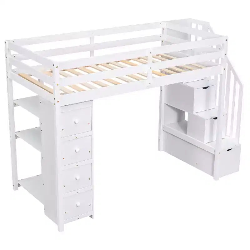 Lit mezzanine simple en bois avec tiroirs de rangement et escalier, étagères