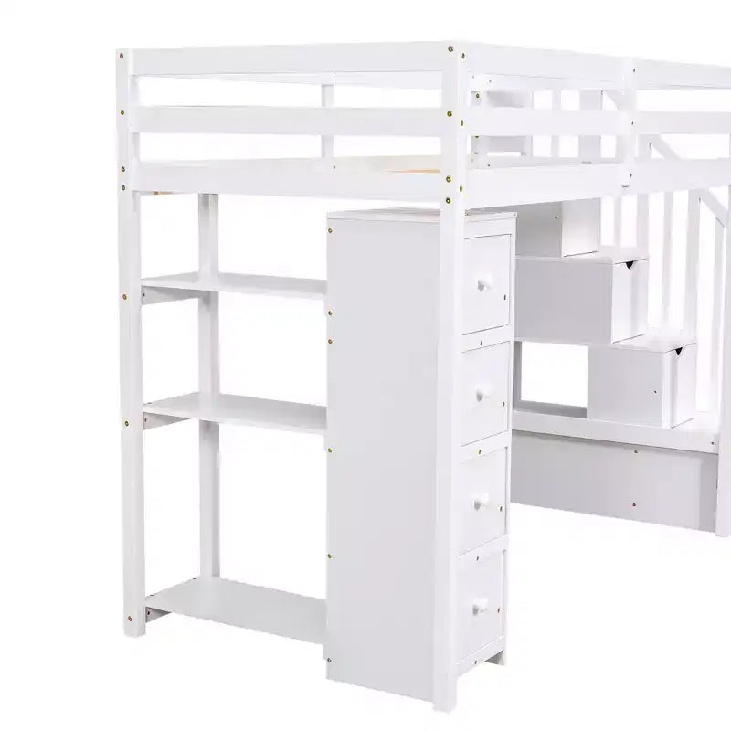 Lit mezzanine simple en bois avec tiroirs de rangement et escalier, étagères