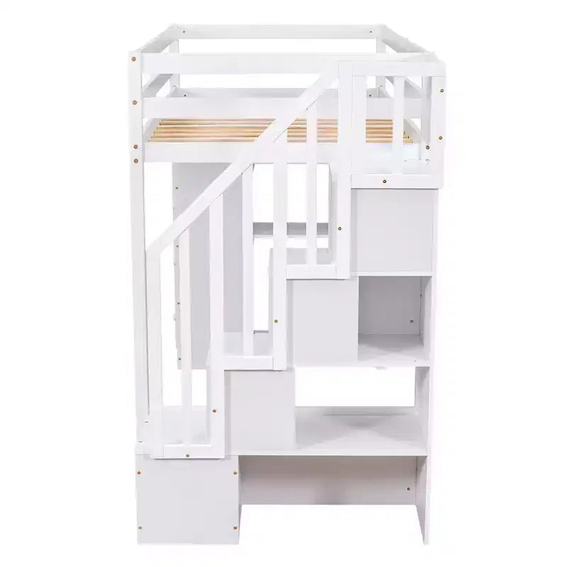 Lit mezzanine simple en bois avec tiroirs de rangement et escalier, étagères