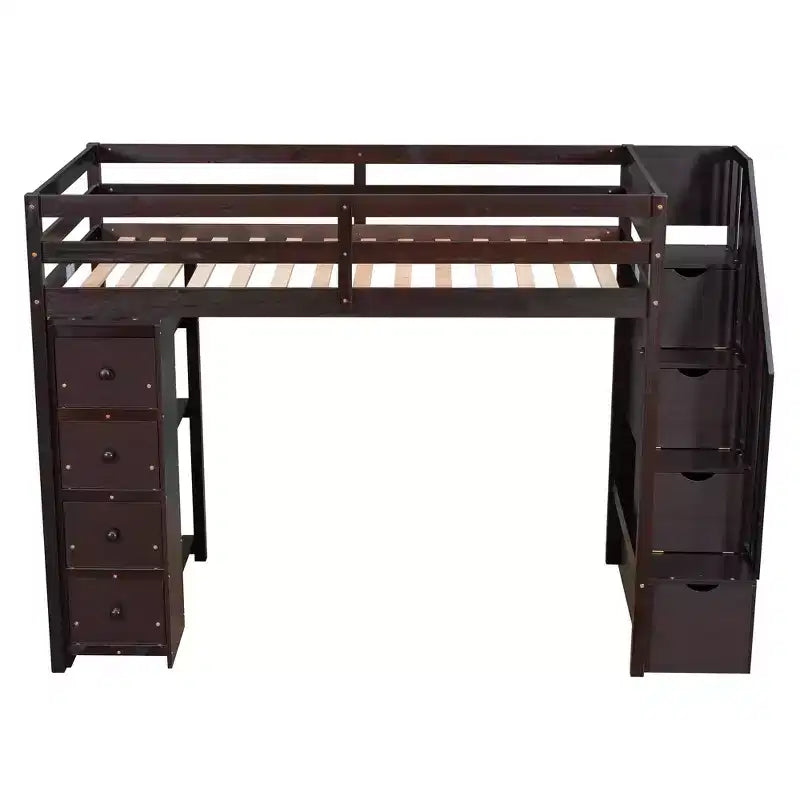 Lit mezzanine simple en bois avec tiroirs de rangement et escalier, étagères
