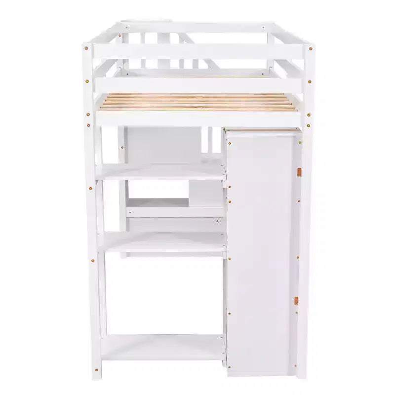 Lit mezzanine simple en bois avec tiroirs de rangement et escalier, étagères