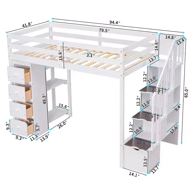Lit mezzanine simple en bois avec tiroirs de rangement et escalier, étagères