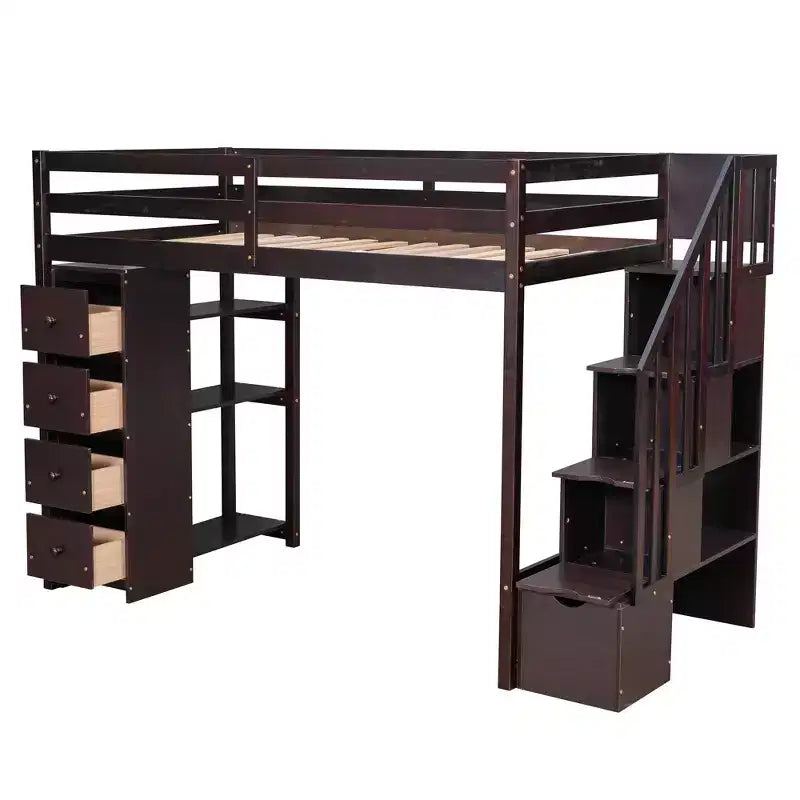 Lit mezzanine simple en bois avec tiroirs de rangement et escalier, étagères
