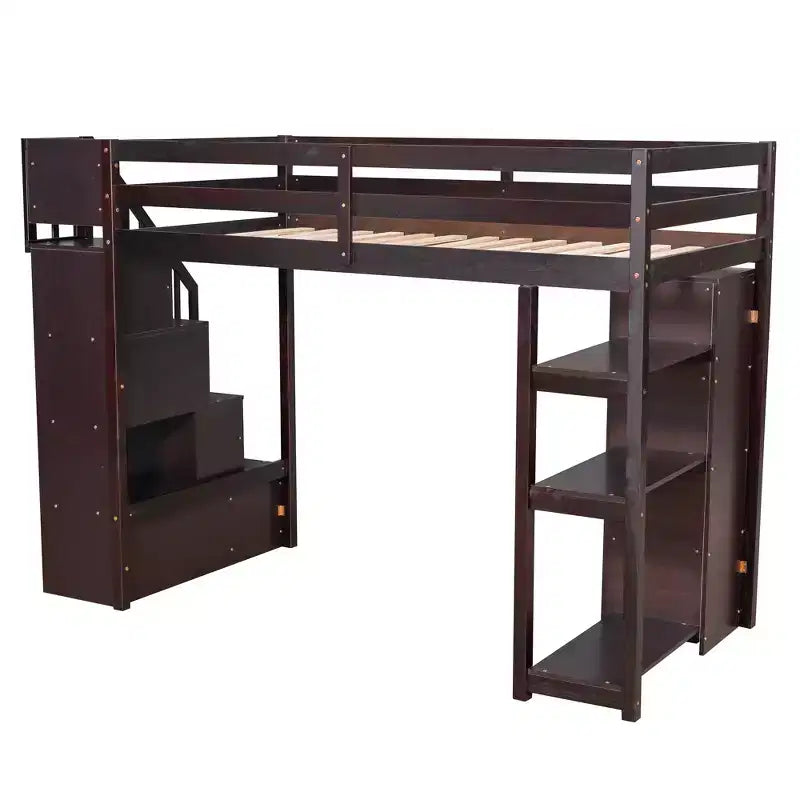 Lit mezzanine simple en bois avec tiroirs de rangement et escalier, étagères