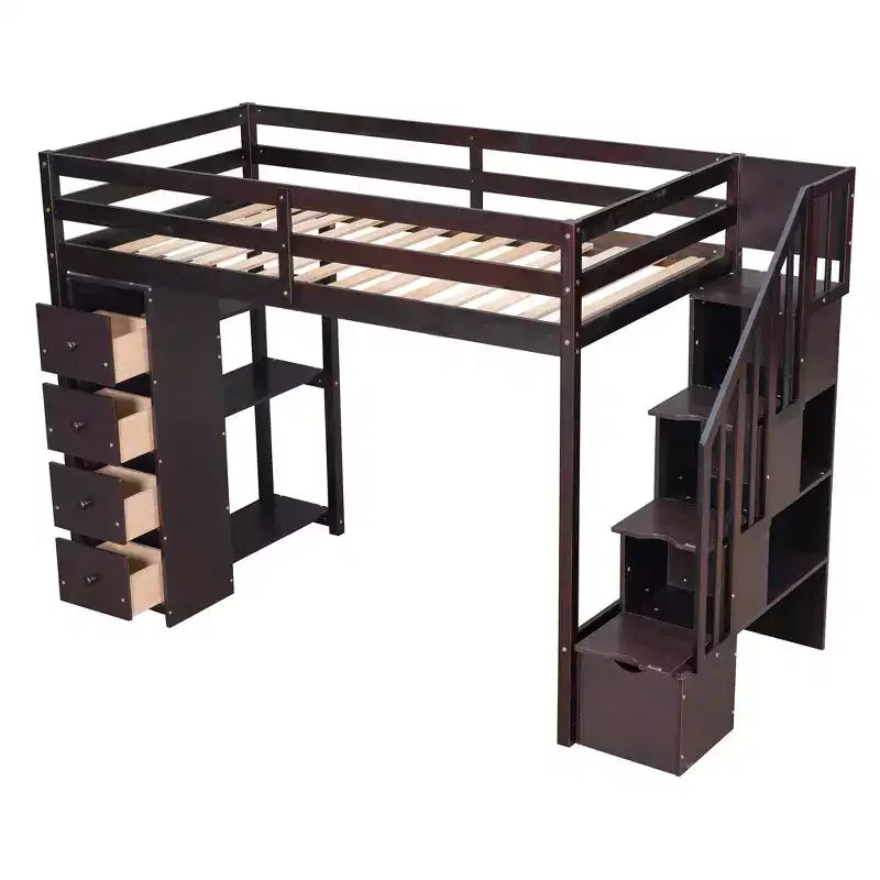 Lit mezzanine simple en bois avec tiroirs de rangement et escalier, étagères