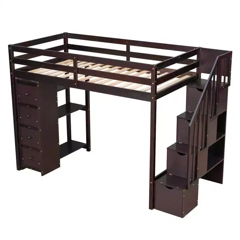 Lit mezzanine simple en bois avec tiroirs de rangement et escalier, étagères