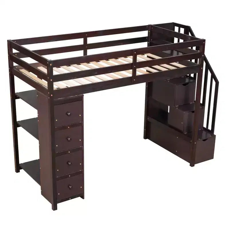Lit mezzanine simple en bois avec tiroirs de rangement et escalier, étagères