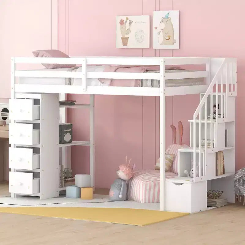 Lit mezzanine simple en bois avec tiroirs de rangement et escalier, étagères