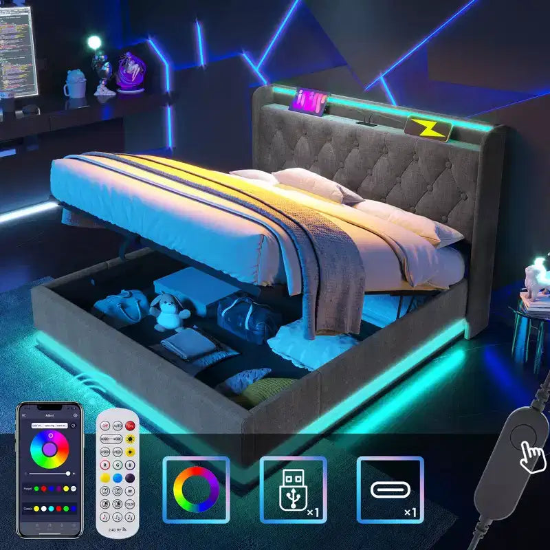 Lit plateforme entièrement capitonné avec fonction LED surround 360°, chargement USB Type-C, gris