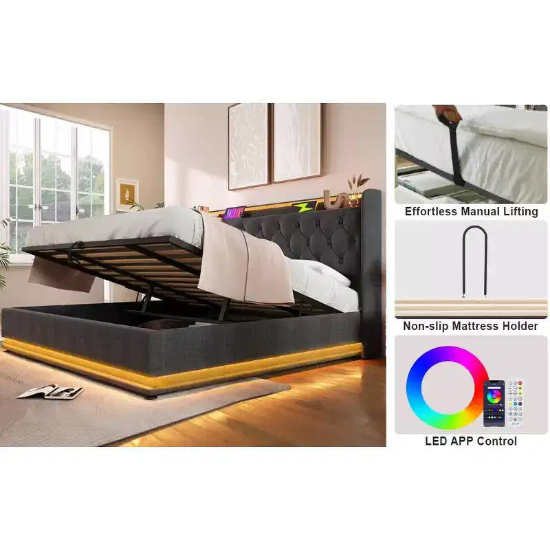 Lit plateforme entièrement capitonné avec fonction LED surround 360°, chargement USB Type-C, gris