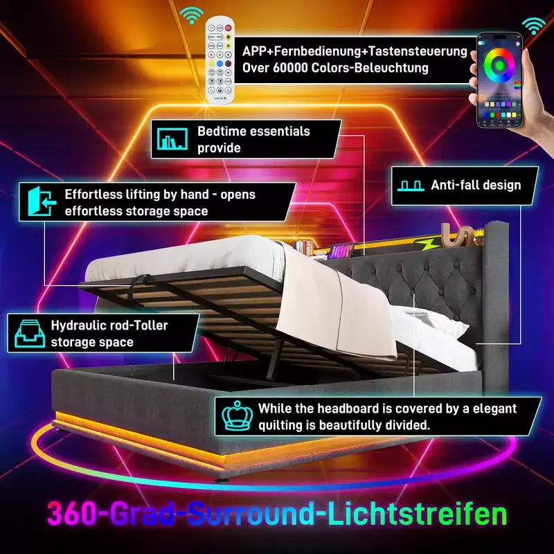 Lit plateforme entièrement capitonné avec fonction LED surround 360°, chargement USB Type-C, gris