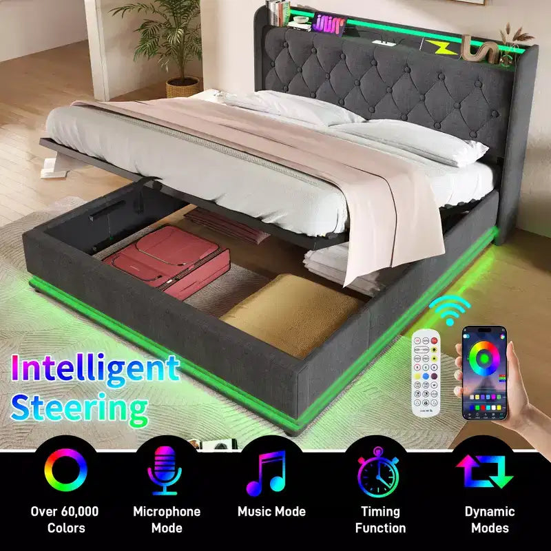 Lit plateforme entièrement capitonné avec fonction LED surround 360°, chargement USB Type-C, gris