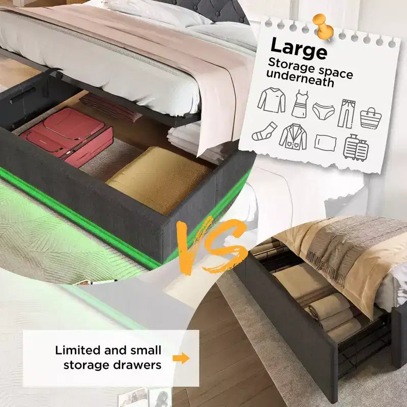 Lit plateforme entièrement capitonné avec fonction LED surround 360°, chargement USB Type-C, gris