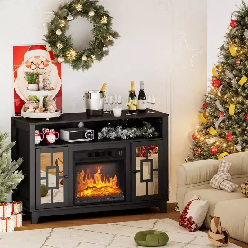 Meuble TV avec cheminée pour téléviseur de 60 pouces, centre de divertissement moderne avec armoire de rangement à porte vitrée